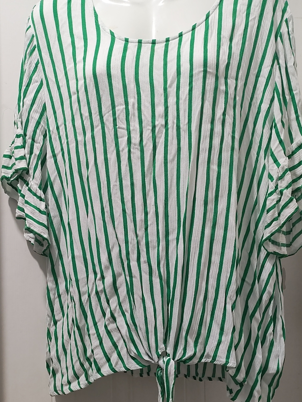 Green and White Striped Tie-Front Tunic Top